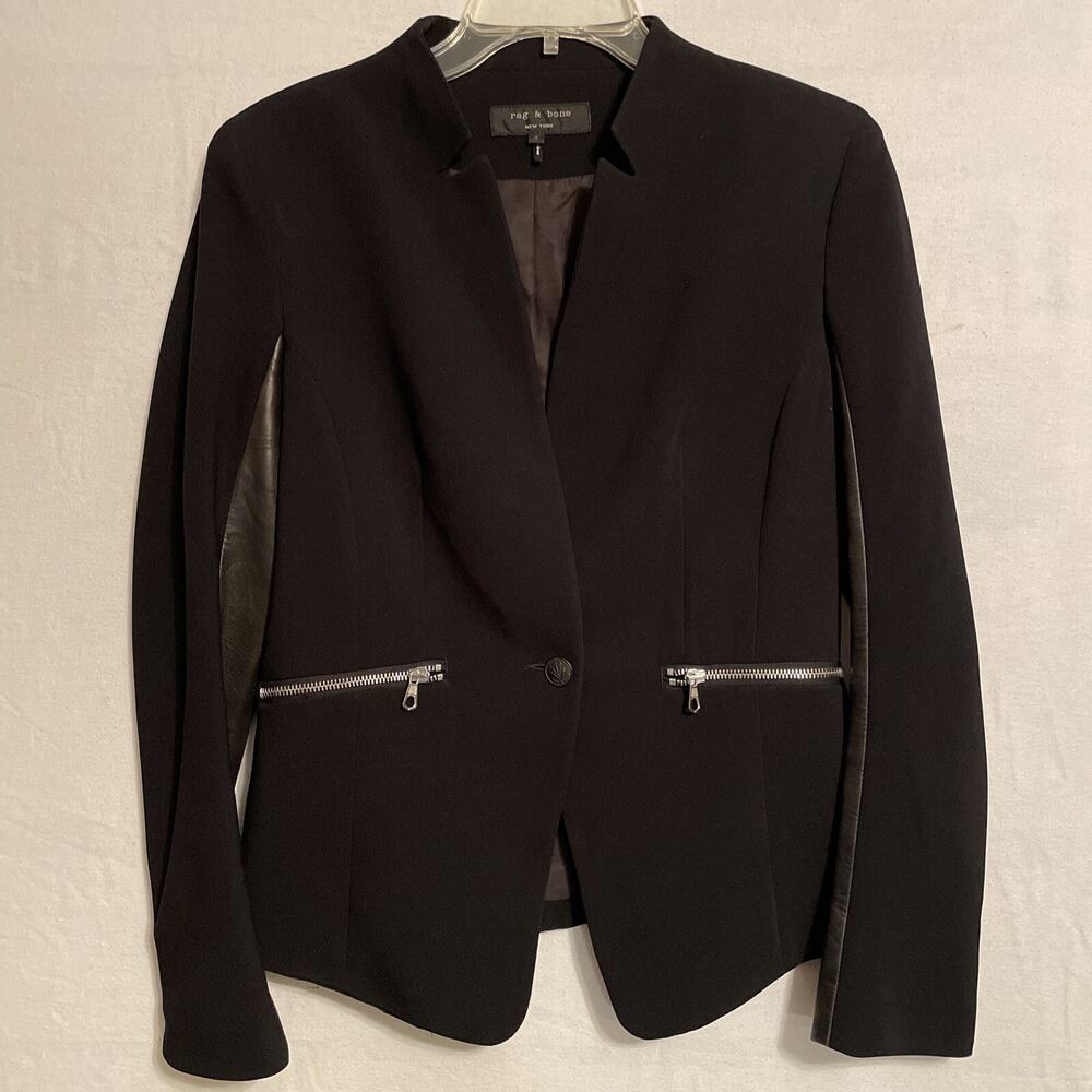 Rag & Bone Ladies Sz4 Zip-Pocket Black Blazer Stretch One-Button Jacket Made USA